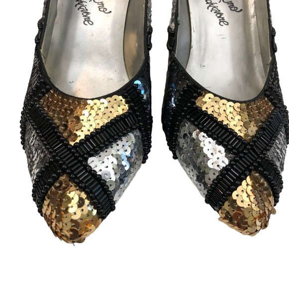 Rosina Ferragamo Schiavone Vintage 60s 70s Gold Silver Sequin Party Pumps Heels - Picture 9 of 9
